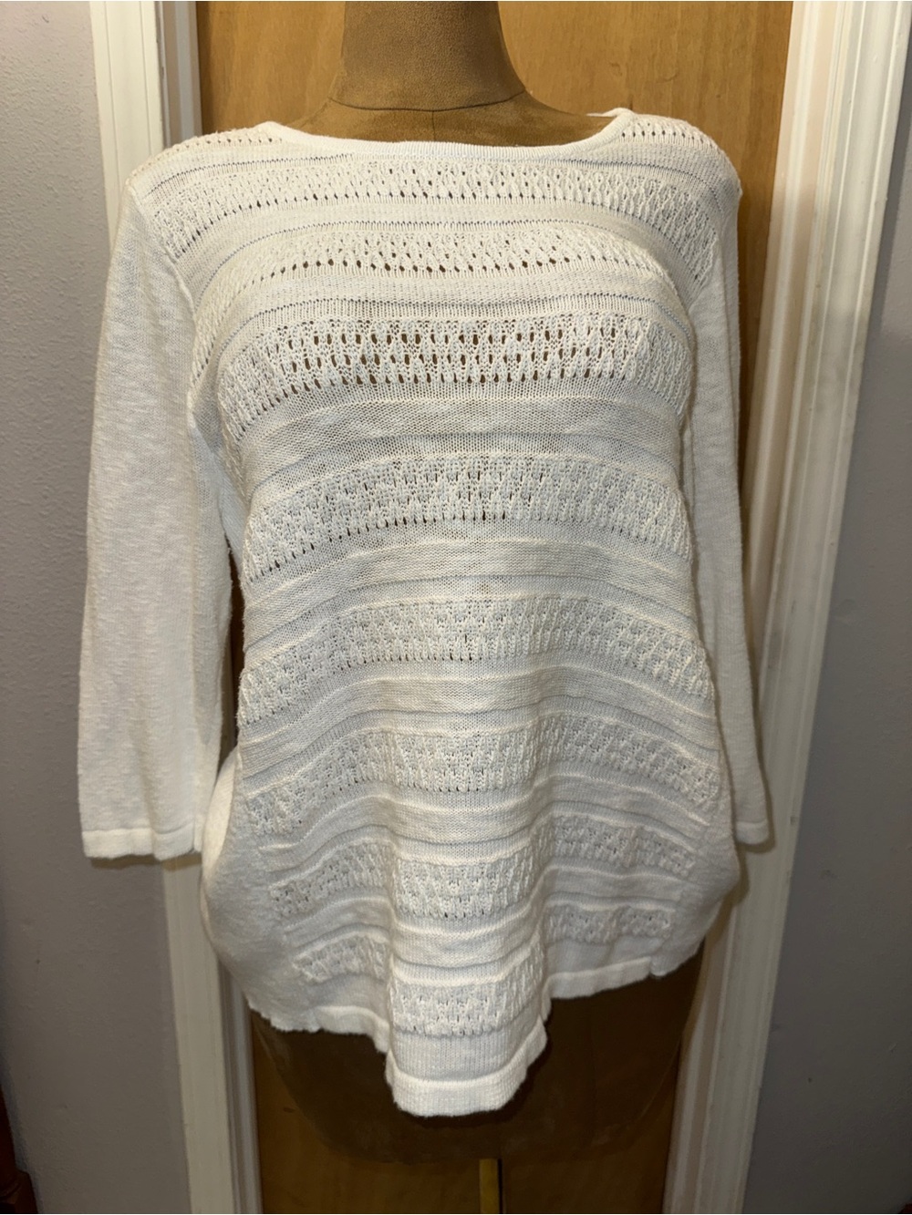 CJ Banks Creamy White Open Knit Scoop Neck Sweater, lightweight, 100% cotton, 1x